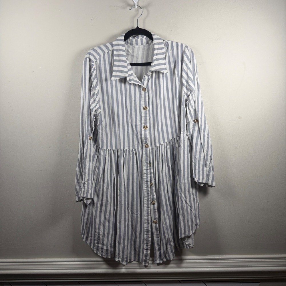 Shein Curve Striped Tunic Womens 1XL Blue White Modern Babydoll Button Down - Picture 1 of 9